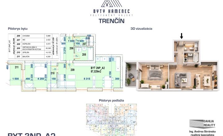 Novostavba  2 izbový BYT 3NP-A2 s balkónom 64 m2 projekt KAMENEC Trenčín - fotografia 1