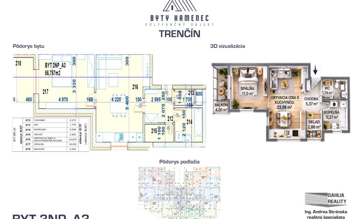 Novostavba  2 izbový BYT 3NP-A3 s balkónom 62 m2 projekt KAMENEC Trenčín - fotografia 1